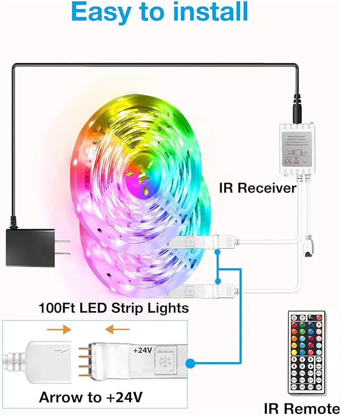 DAYBETTER Led Lights for Bedroom 100 ft, Led Strip Lights with Remote 44 Keys, 24 V Power Supply, Color Changing Led Light for Room Decor
