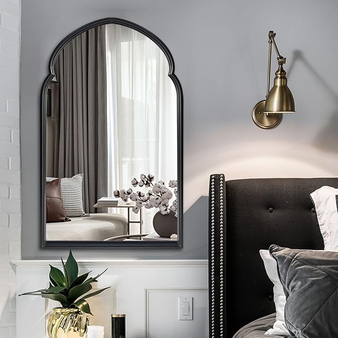ironsmithn Arched Wall Mirror, Black Bathroom Mirror, 38" x 22" Wall Mounted Decorative Mirror, Modern Art Oblong Mirror for Master Bath Half Bath Living Room Bedroom Fireplace Entryway