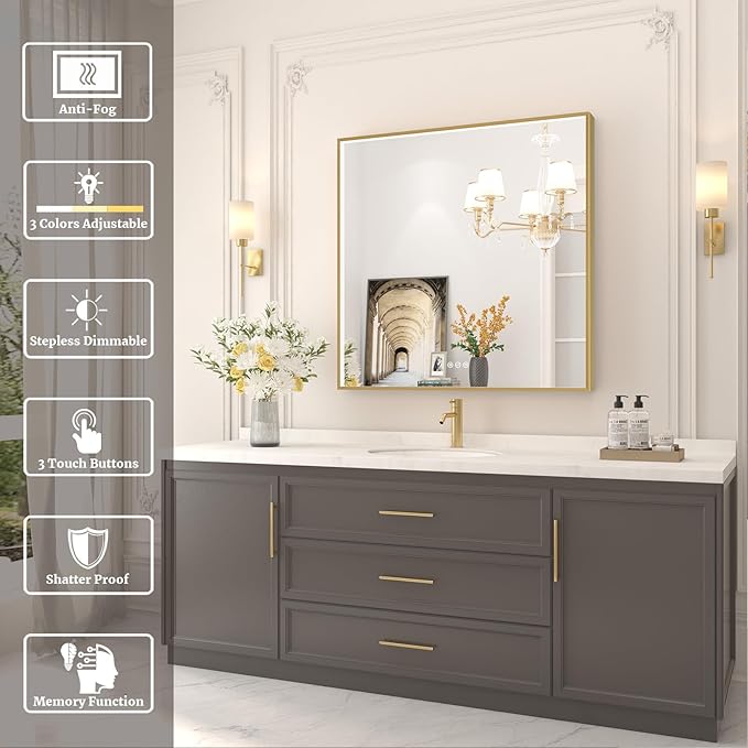 32x32 Inch LED Bathroom Mirror, Gold Metal Framed Lighted Mirror for Bathroom, Wall Mouted LED Vanity Mirror with Lights, 3 Colors and Stepless Dimmable, Anti-Fog, Memory