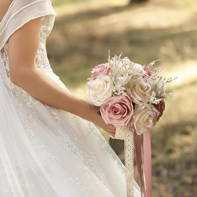 Wedding Bouquets for Bride, Champagne White & Pink Bridal Bridesmaid Wedding Flowers, Artificial Toss Rose for Civil Ceremony (Hollow Lace Ribbon Handle)
