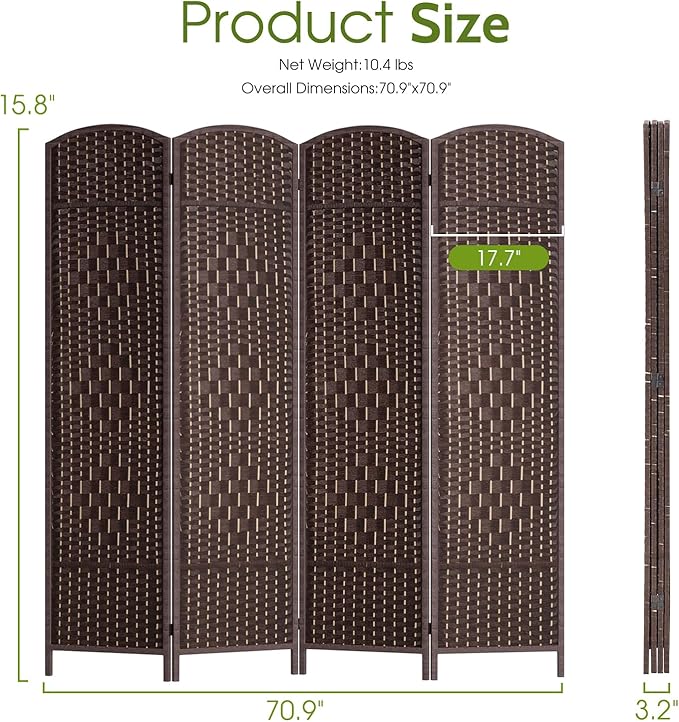 FDW Room Divider Folding Privacy Divider 6 Ft Indoor Wall Divider Portable Partition Wood Screen, Brown (4 Panel)