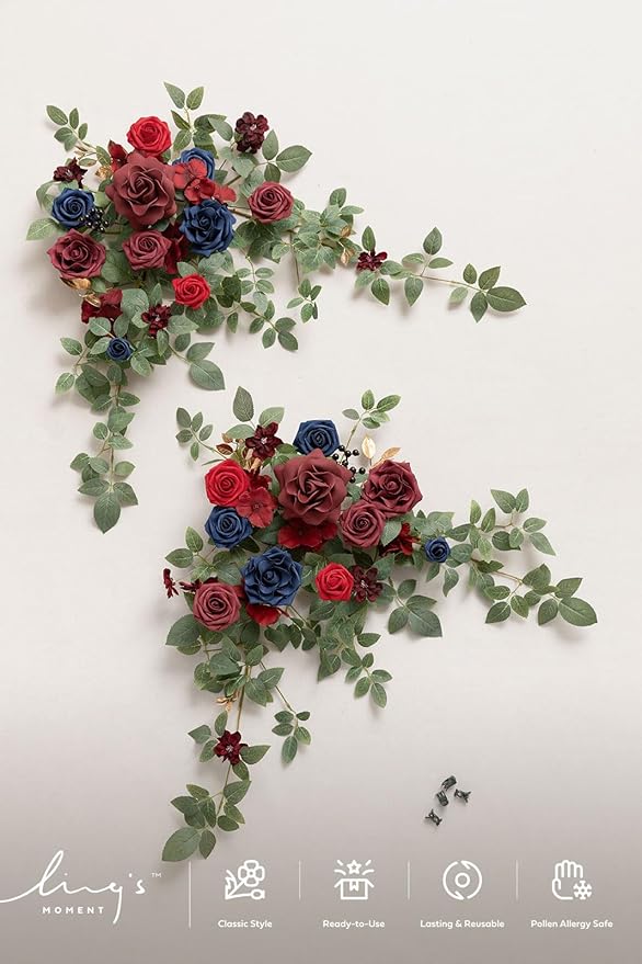 Ling's moment 2pcs Wedding Flowers Garland Artificial Floral Swag Arch Decorations Greenery Arrangements Burgundy & Navy Blue Ceremony Reception Garden Easel Wall Entryway Outdoor NOT Include Sign