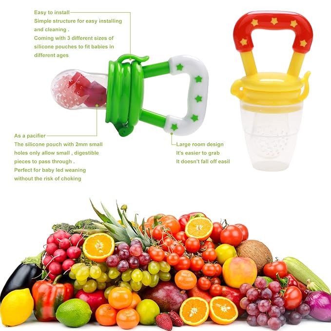 WAJIAYON Food Feeder for Baby, Fruit Feeder Pacifier (3 Pcs) with 6 Different Sized Silicone Pacifiers,Silicone Baby Food Dispensing Spoon 90ML with Babies Spoons,Pacifier Clip Babies Feeding Set