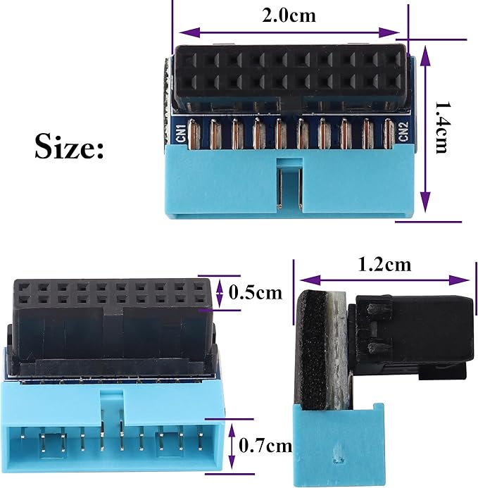 2 Pack Down Right Angle USB 3.0 19-pin Connector 90 Degree 19Pin/20Pin 3.0 USB Female to Male Extension Power Adapter Board for Desktop Motherboard Internal Header Adapter(Down/Blue-20Pin)