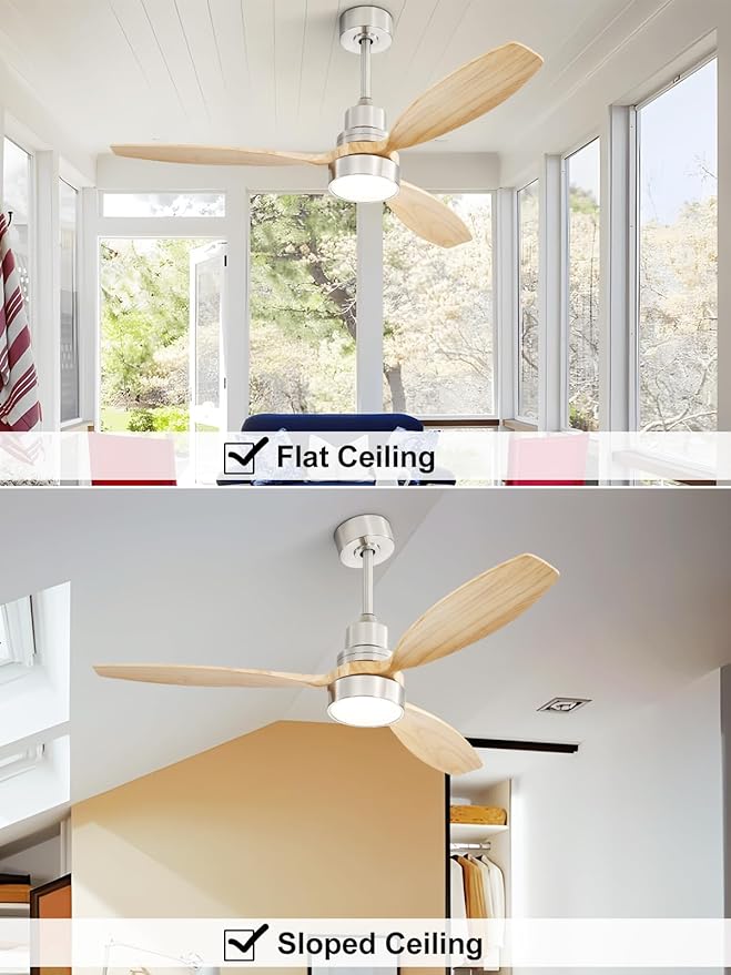 Sofucor Ceiling Fan with Lights, 52 Inch Low Profile Flush Mount Mordern Wood Ceiling Fan with Remote for Indoor Farmhouse Bedroom Living Room Outdoor Patio Porch, Reversible DC Motor, Noiseless