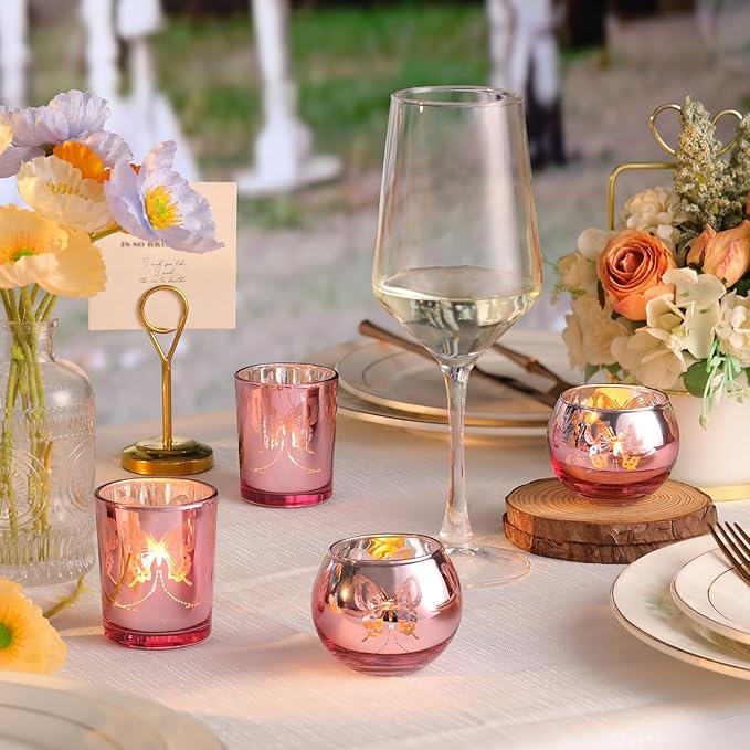 Pink 12 PCS Combination Tea Lights Candle Holder Decorative with Butterfly Pattern, Votive Candle Holders for Wedding, Birthday, Anniversary, Parties, and Holiday Decorations