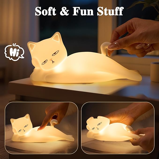 Lying Flat Cat Lamp Cat Gifts, 16 Colors+5 Dimming+Silicone Cute Lamp, Touch+Remote Control+Rechargeable Night Light for Kids, Fun & Cool Weird Stuff Random Stuff, White Elephant Gifts for Adults/Kids
