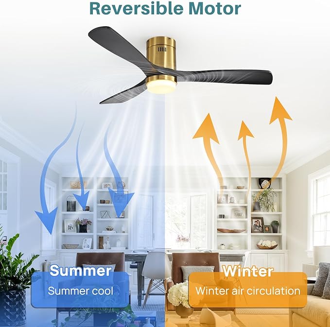 Sofucor 52 Inch Smart Ceiling Fans with Lights-Flush Mount Low Profile Modern Outdoor Solid Wood Ceiling Fans with Alexa/Google Assistant/APP/Remote Control for Bedroom/Farmhouse/Patio, Black Gold