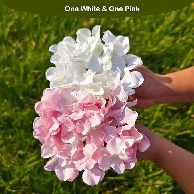 20 Pcs White and Pink Hydrangea Artificial Flowers Bulk, Faux Hydrangea Flowers Heads, Artificial Fake Silk Hydrangea Flowers with Stems, White Flowers Artificial for Decoration Wedding Décor