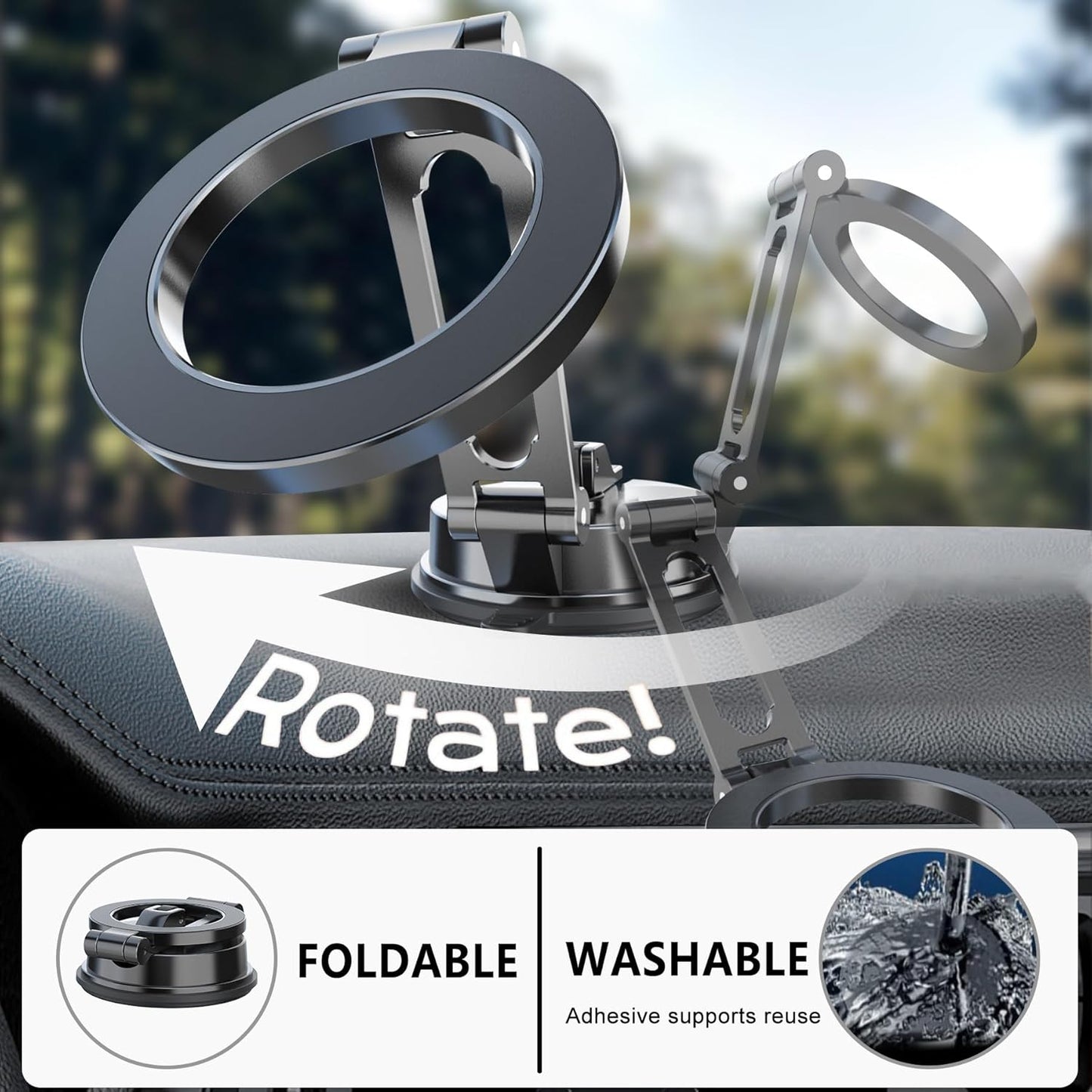Magnetic Car Mount Never Falling - Dual-Fixing 360° Rotation Dashboard Holder for iPhone 15/14/13/12