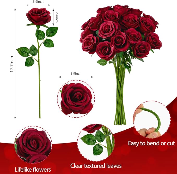 Ouddy Decor 20 Pcs Red Roses Artificial Silk Flowers Fake Roses Bouquet with Long Stems for Valentines Day Decor Wedding Home Party Table Centerpieces Bridal Bouquet DIY Floral Arrangment, Wine Red