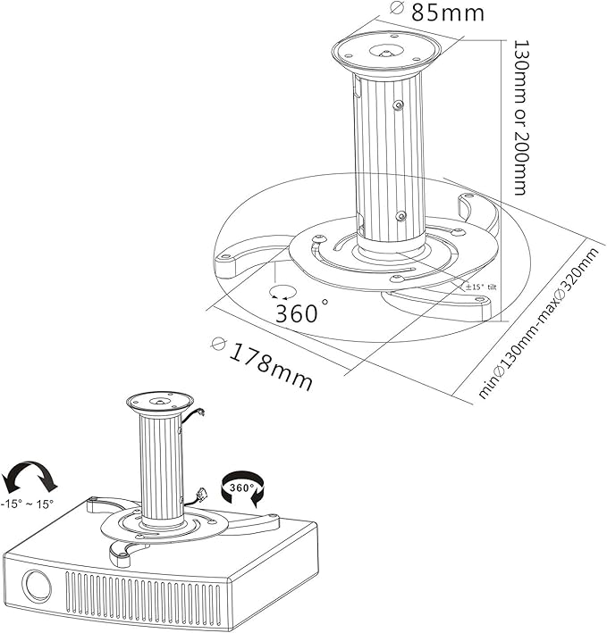 Cmple - Universal Adjustable Ceiling Projector Mount, 360 Degree Swivel Rotatable Projector Bracket - Max 22lbs (Silver)