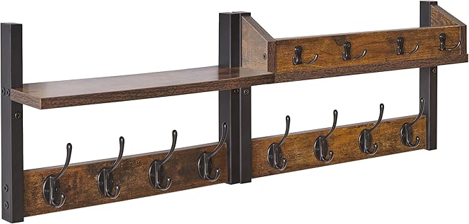 YMYNY 31.5" Coat Rack Wall Mount with Shelf, 4 in 1 Key and Coat Hanger with 12 Metal Hooks, Wall Shelf with Hooks & Mail Holder for Living Room, Bedroom, Rustic Brown, HWS007H-2