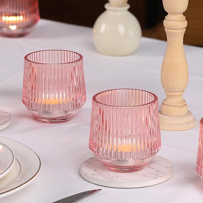 12 Pcs Large Pink Candle Holder- 3.15"×3.15" Ribbed Pink Vorive Candle Holders for Pink Bridal Shower Decorations, Girl Baby Shower Decorations, Pink Glass Candle Holder for Table Centerpiece