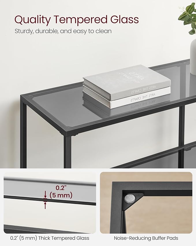 VASAGLE 51.2 Inch Console Table with 3 Shelves, Sofa Tables, Modern Entryway Table, Metal Frame, Tempered Glass Shelf, Entryway Living Room Bedroom, Classic Black and Slate Gray ULGT024B61