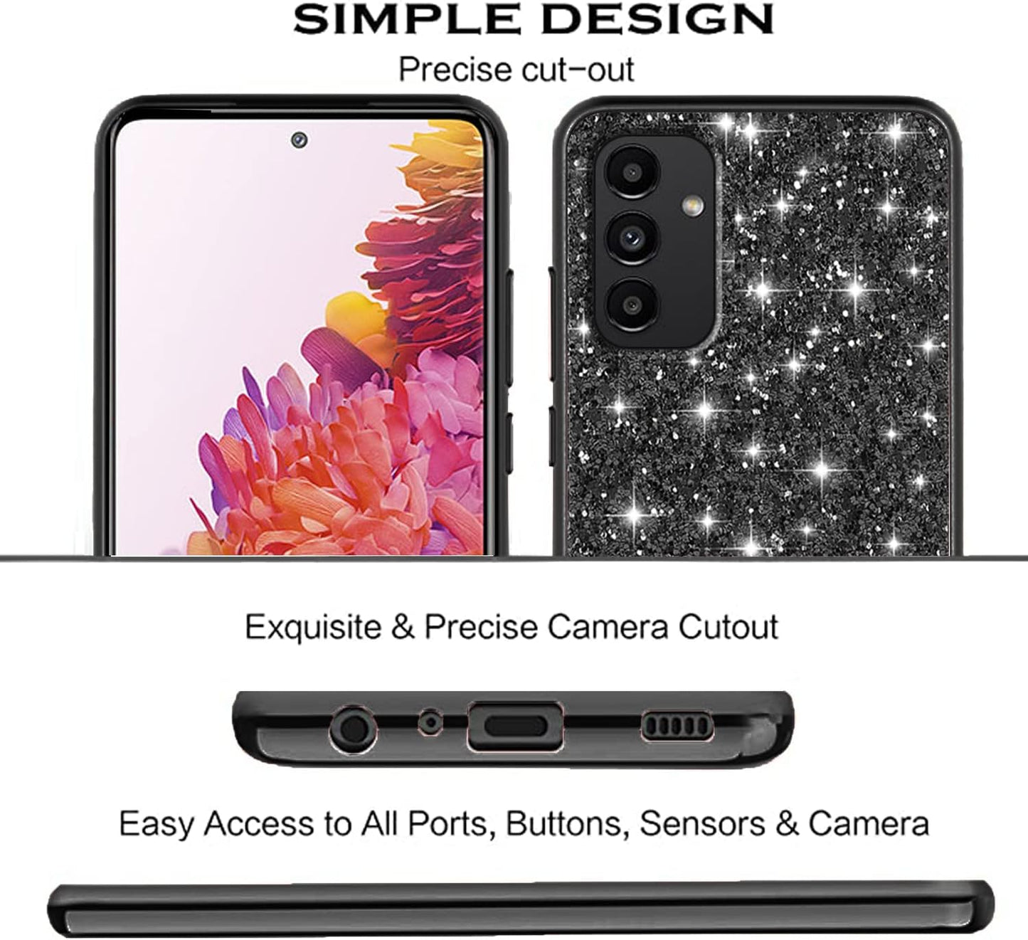 Samsung A15 Case, Glitter Shockproof Cover, Bling Sparkly TPU and PC Silicone Thin Protective for Women Girls, Black