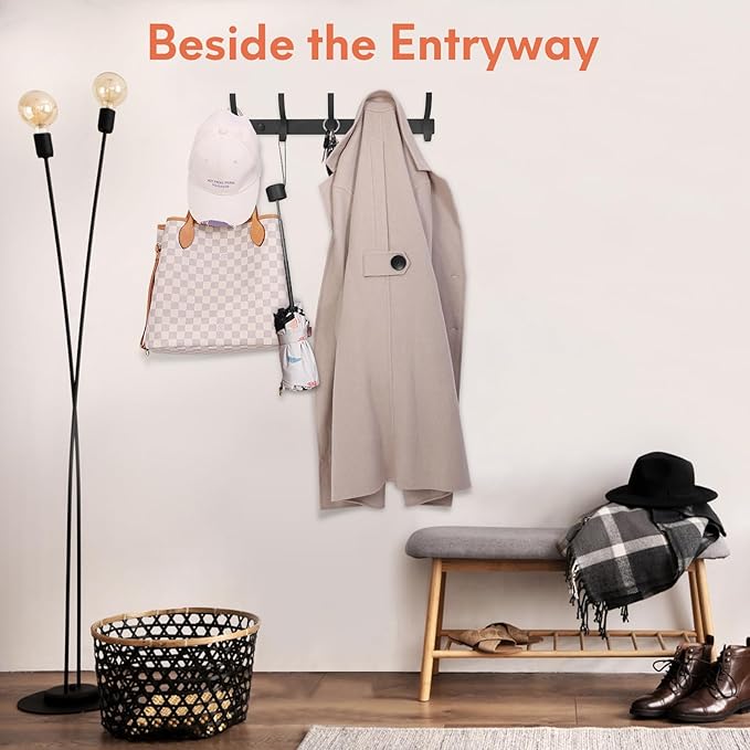 Coat Rack Wall Mount, Coat Hook Wall Mount, Wall Hooks for Hanging, Hat Rack for Walls, Coats Hanger with 10 Hook, Towel Hooks for Bathrooms (2 Pack, Black)