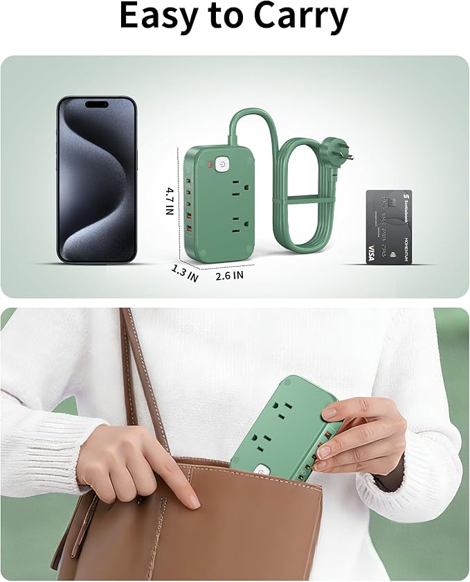5FT USB Charging Station with Outlets, Flat USB C Travel Power Strip PD 20W Charger with 2500W AC Outlets, 3 USB-C Ports, 2 USB-A Ports Extension Cord for Home/Office/Travel