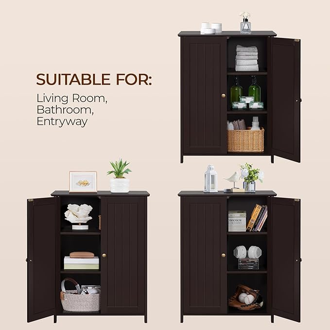 Yaheetech Bathroom Floor Cabinet, Modern Storage Freestanding Organizer Cabinet with Adjustable Shelves & Double Doors, 3-Tier Home Living Room Furniture, Espresso