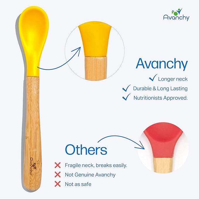 Avanchy Bamboo & Silicone Infant Training Spoons, BPA Free - Soft Tip, Easy on Gums, First Stage Feeding Utensils for Baby-Led Weaning, Self-Feeding, Yellow