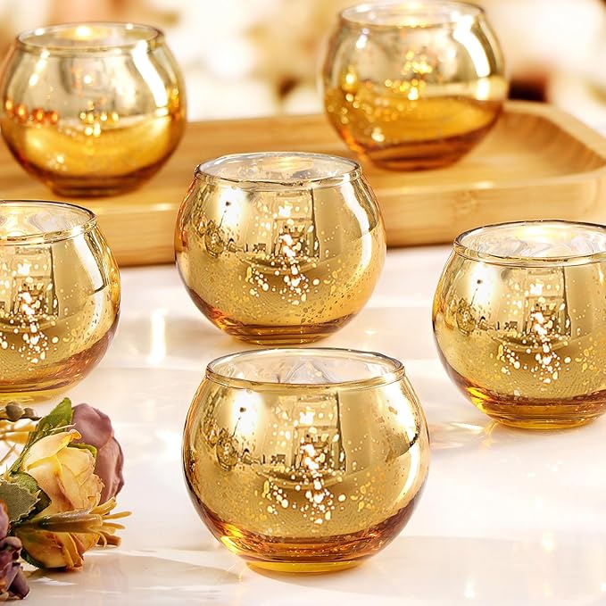 LAMORGIFT 24 Pcs Gold Votive Candle Holders -Gold Mercury Glass Candle Holders, Diwali Decorations for Home, Wedding Centerpieces for Tables, Christmas Tea Light Holders