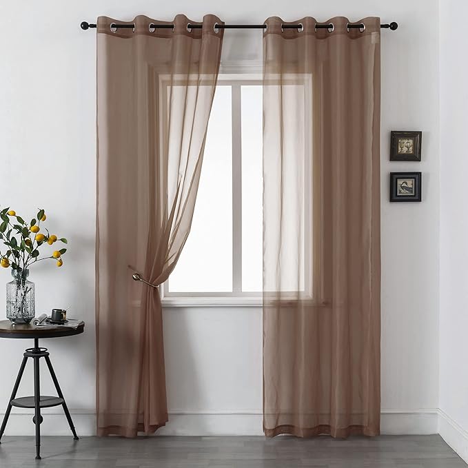 DUALIFE 2 Panels Chocolate Brown Semi Sheer Window Curtains Elegant Grommet Top Window Voile Drapes/Treatment Panels for Bedroom Living Room (52X96 Inches)
