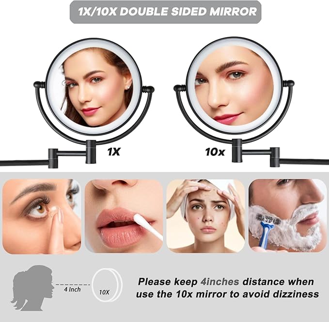 Wall Mounted Makeup Mirror with Lights and 10X Magnification, 8" Rechargeable Double Sided Touch Dimmable Foldable Extended Arm 360 Rotation for Bathroom, Matt Black