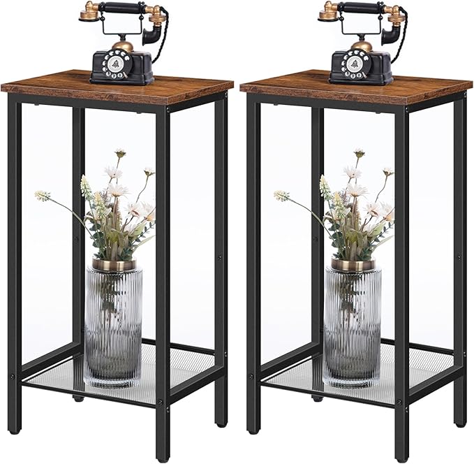 HOOBRO Tall Side Tables Set of 2, Industrial End Telephone Table with Adjustable Mesh Shelves, for Living Room, Bedroom, Entryway, Office, Rustic Brown and Black BF03DHP201