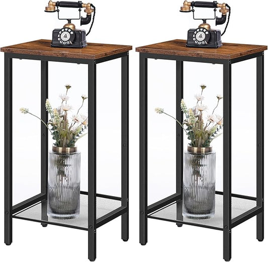 HOOBRO Tall Side Tables Set of 2, Industrial End Telephone Table with Adjustable Mesh Shelves, for Living Room, Bedroom, Entryway, Office, Rustic Brown and Black BF03DHP201