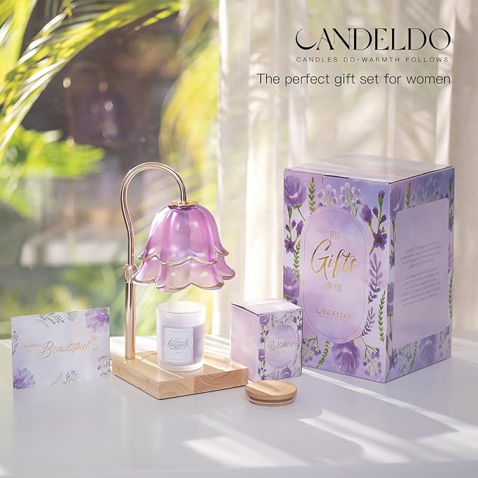 Mom Birthday Gifts for Women: Purple Flower Candle Warmer Lamp with Scented Candles Dimmable Wax Warmer with Timer Mom Christmas Gift