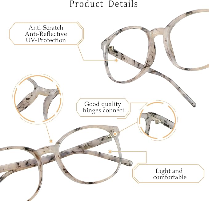 LifeArt Round Blue Light Blocking Glasses, Computer Glasses, Gaming Glasses, TV Glasses for Women Men (Marble, 2.00 Magnification)