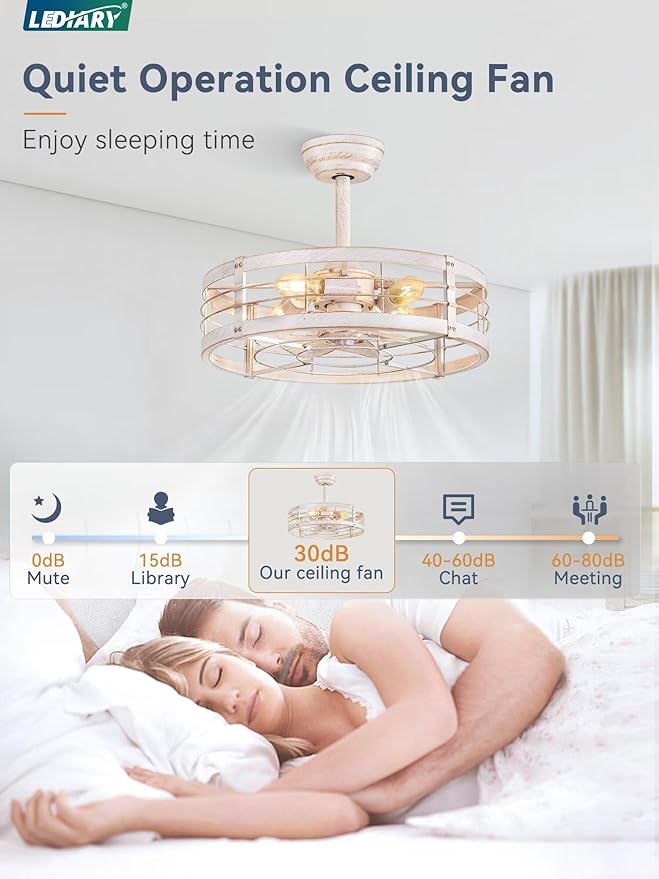 LEDIARY 20 Inch Fandelier Caged Ceiling Fan with Light, Bladeless Ceiling Fan with Remote, Small Farmhouse Fan Lights Ceiling Fixtures for Kitchen, Bedroom-White and Gold