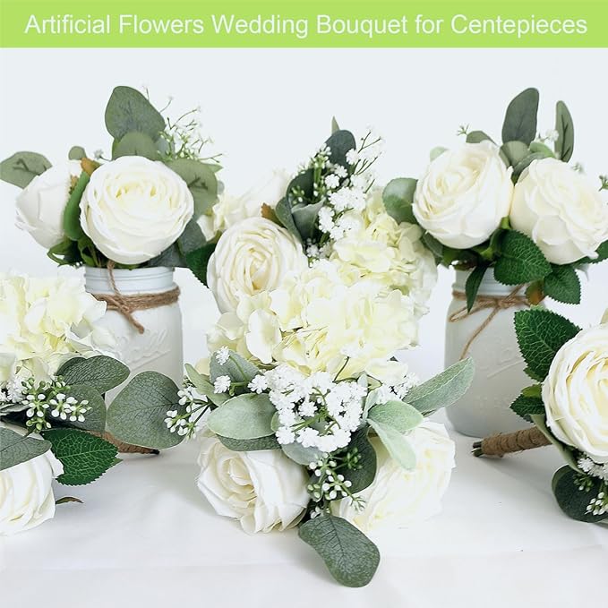 Bridesmaid Bouquets - Set of 4 Ivory White Artificial Flowers Bouquet Wedding Rustic Small Floral Centerpieces for Marriage Proposal Party Anniversary Dining Table Decorations