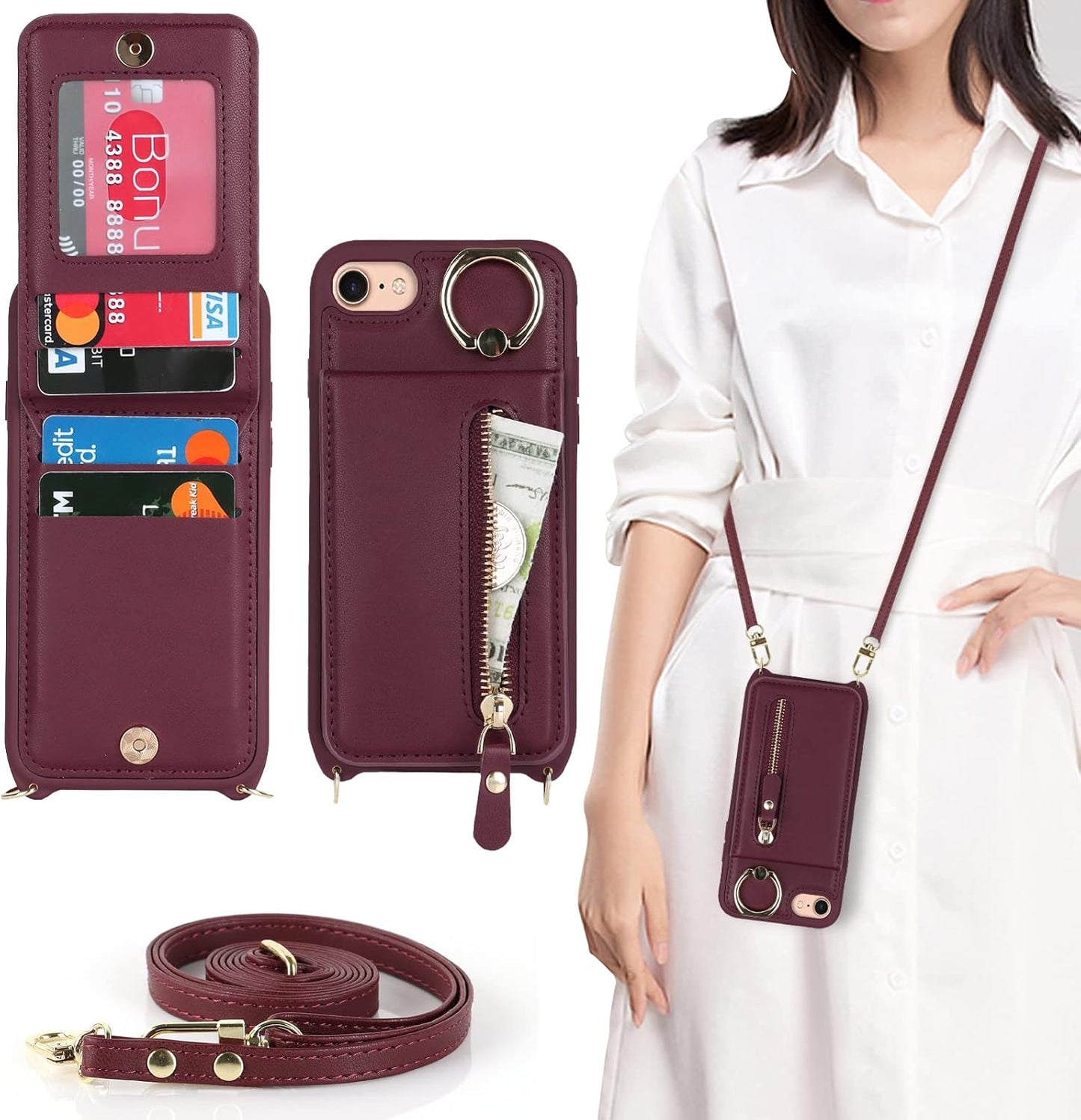 iPhone 7 8 SE (2020) Case with Card Holder, Red Wine Wallet with Strap, Credit Card Slots, Crossbody Kickstand