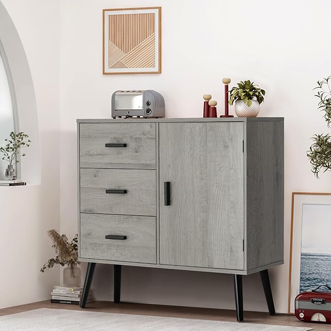 Iwell Storage Cabinet with 3 Drawers & Adjustable Shelf, Sideboard Buffet Cabinet, Small Freestanding Floor Storage Unit, for Living Room, Home Office, Rustic Grey