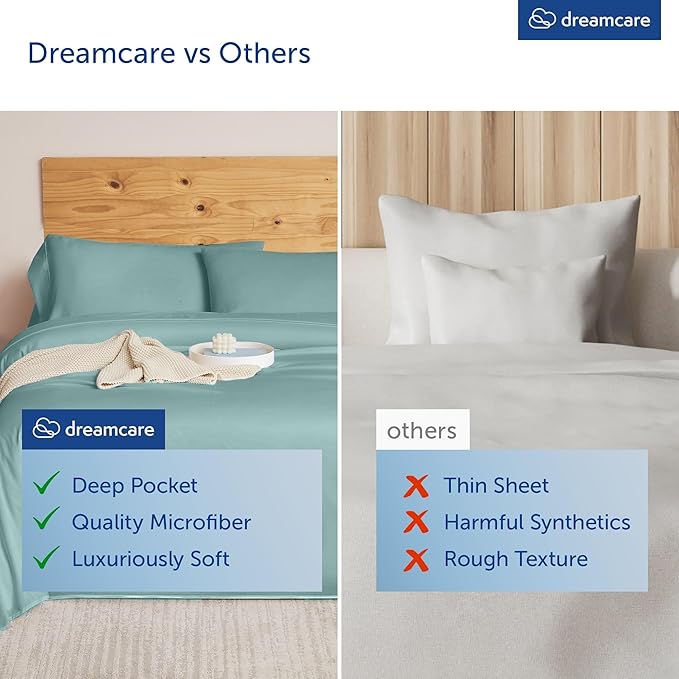 DREAMCARE Queen Sheet Set – 4 pcs Cooling Sheets – up to 21” Extra Deep Pocket Queen Sheets – Hotel Luxury Sheets & Pillowcases – Superior Softness 100% Microfiber with Side Pocket - Spa Blue