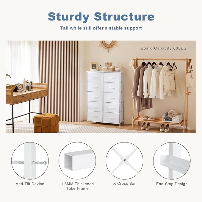 DUMOS Dresser for Bedroom, 10 Storage Drawers, Wide Fabric Closet Chests Organizer Tower Furniture with Wooden Top Metal Frame for Clothes, Guest Room, Living Room, Hallway, Entryway