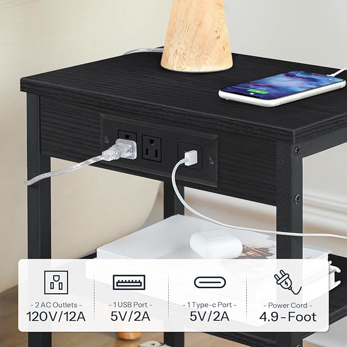 HOOBRO End Table with Charging Station and USB Port, 3-Tier Nightstand with Adjustable Shelf, Small Side Table for Small Space in Living Room, Bedroom and Balcony, Black BB112BZ01