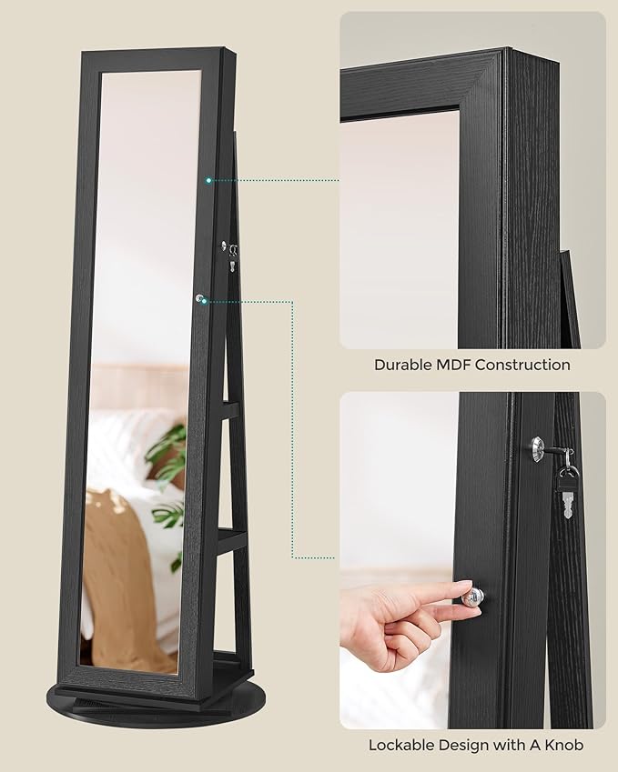 SONGMICS 360° Swivel Jewelry Cabinet, Lockable Jewelry Organizer with Full-Length Mirror, Rear Storage Shelves, Interior Mirror, Jewelry Armoire, Christmas Gifts for Women, Gift Idea, Black UJJC006B01