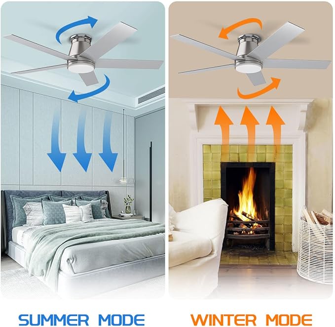 wurzee 52" Flush Mount Ceiling Fan Brushed Nickel Ceiling Fan 6 Speeds DC Reversible Motor, Timing, Dimmable, 5 Blades for Bedroom,Living, Dining Indoor Patio Porch Garage Shop