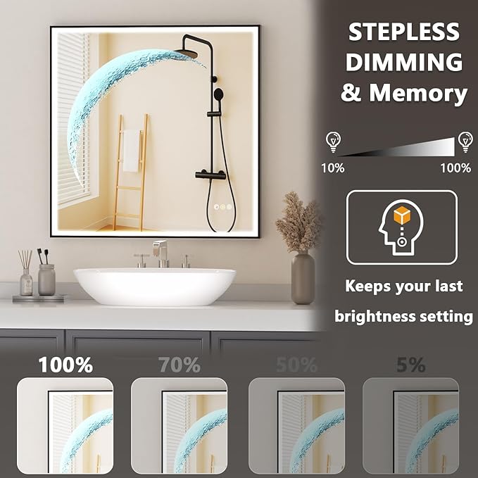 LED Bathroom Mirror, 32x32 inch Square Black Frame Mirror with 3 Color Lights, Half Moon Light, Defogger, Wall Mounted LED Vanity Mirror for Bedroom, Entryway, Living Room, Home Decor