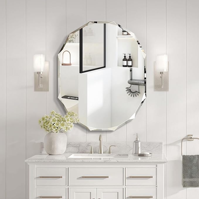Pregaspor Single Beveled Edge Bathroom Vanity Mirror, 30" x 36" Oval Wall Mirror, Shatterproof Frameless Mirror for Over Sink, Restroom