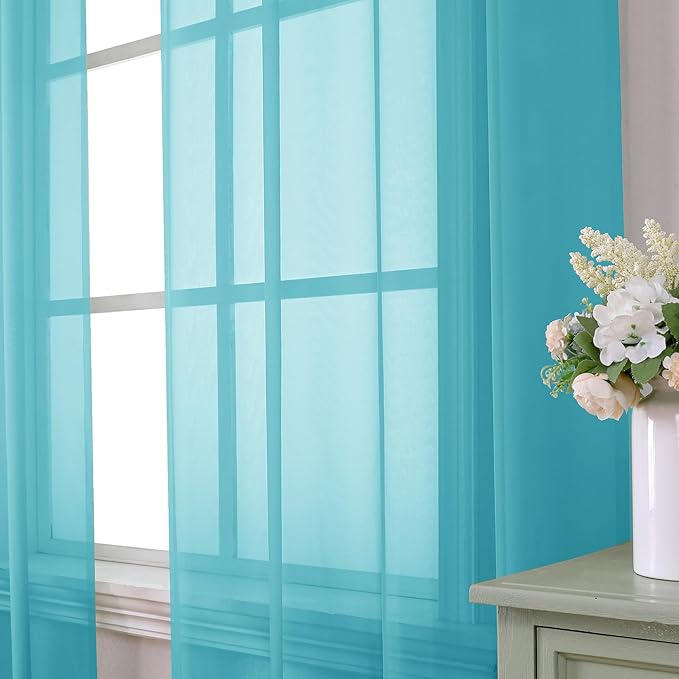 Aiyufeng Turquoise Sheer Curtains 45 Inch Length 2 Panels Set, Light Filtering Airy Rod Pocket Turquoise Window Curtain Treatment Drapes for Kitchen Bedroom Living, Each 42Wx45L Inches