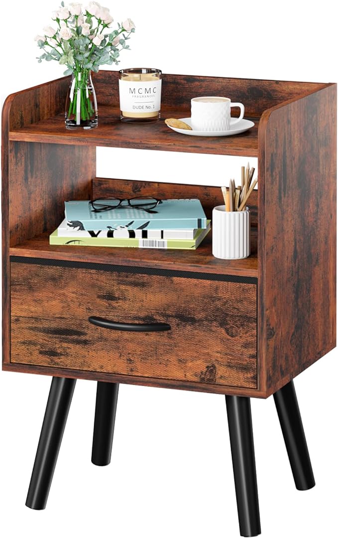 Yoobure Night Stand with Fabric Drawer, Modern Nightstand, Bedside Tables, Mid Century Nightstands with Open Storage Shelf, Wood Bedside Table, Small Night Stands for Bedrooms, 2-Tier Night Table