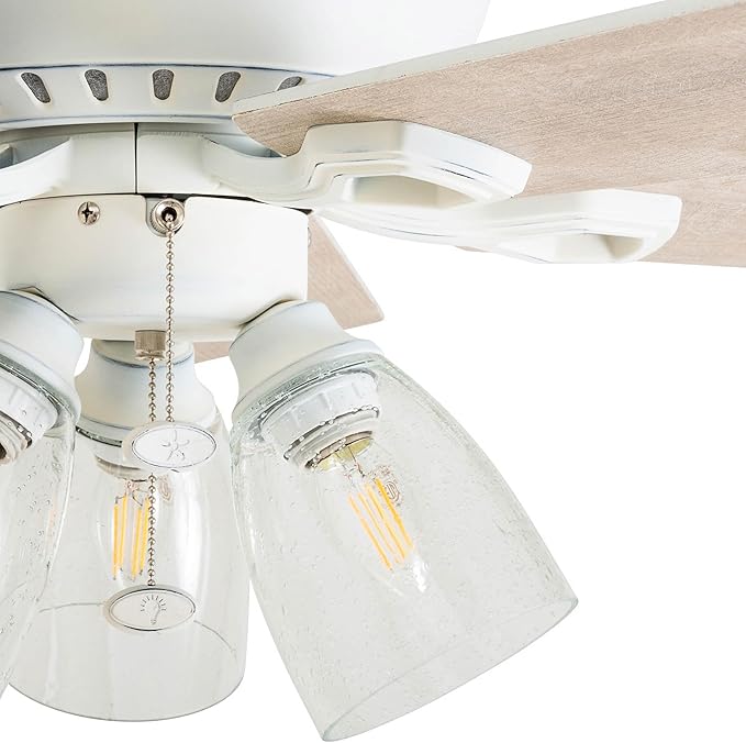 Prominence Home Glenmont, 52 Inch Farmhouse LED Ceiling Fan with Light, Pull Chain, Three Mounting Options, Dual Finish Blades, Reversible Motor - 50389-01 (Distressed White)