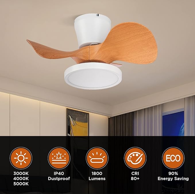 ocioc Quiet Ceiling Fan with LED Light 22 inch Large Air Volume Remote Control for Kitchen Bedroom Dining Room Patio