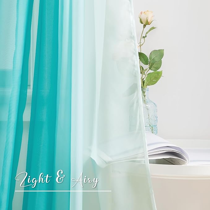 NICETOWN Teal Ombre Sheer Scarf Curtains Valances, Decorative Elegant Backdrop Voile Sheer Texture Bed Canopy for Indoor Outdoor Beach Wedding/Bed Canopy, 2 Panels, W60 x L216