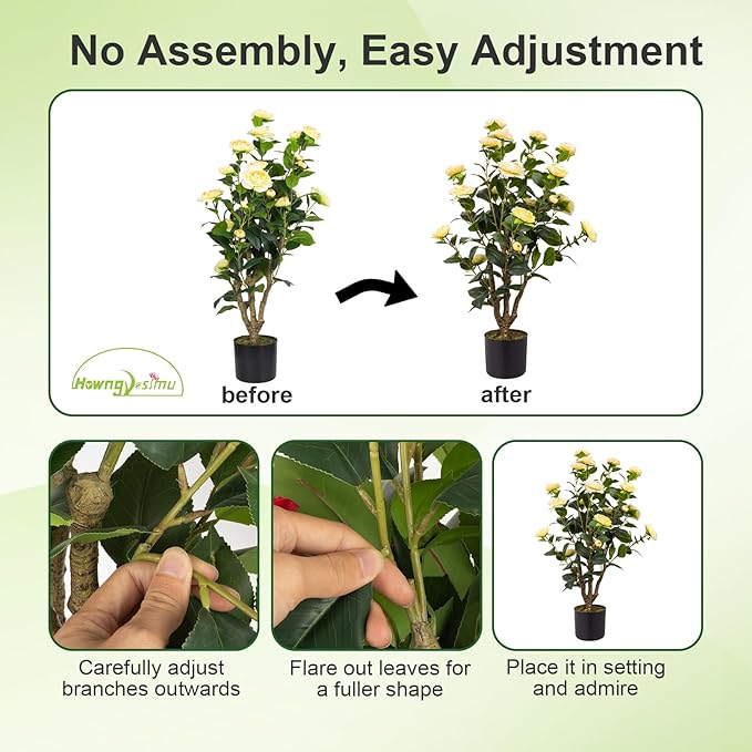 Artificial Camellia Tree, 3FT Yellow Fake Tree Blooming Camellia Flower Plant for Spring Home Front Door Outdoor Indoor Decoration