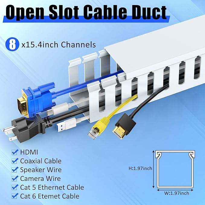 Open Slot Wiring Raceway Cable Duct, 123in Cable Management Channel Cord Track,Desk Wire Channel, Under Desk Cable Management to Hide Cables, Wires for Computers (White, 1.97" Hx1.97"W, 15.4''L(8 Pc))