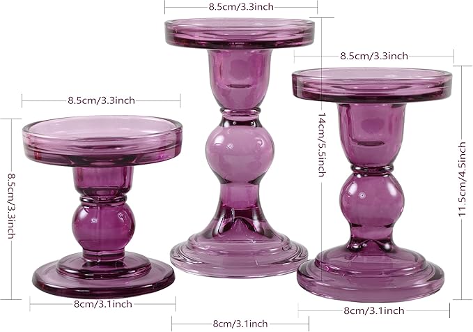GMWD 3 Pcs Glass Candle Holder Set Clear, Purple Candlesticks Holders Pillar Taper Candles Tealight Stand for Wedding Centerpieces Home Decorations Dining Table